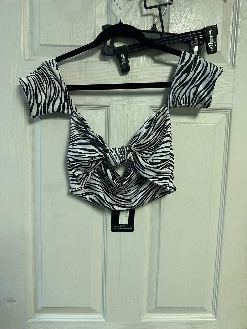 PrettyLittleThing Black & White Zebra Knot Front Crop Top